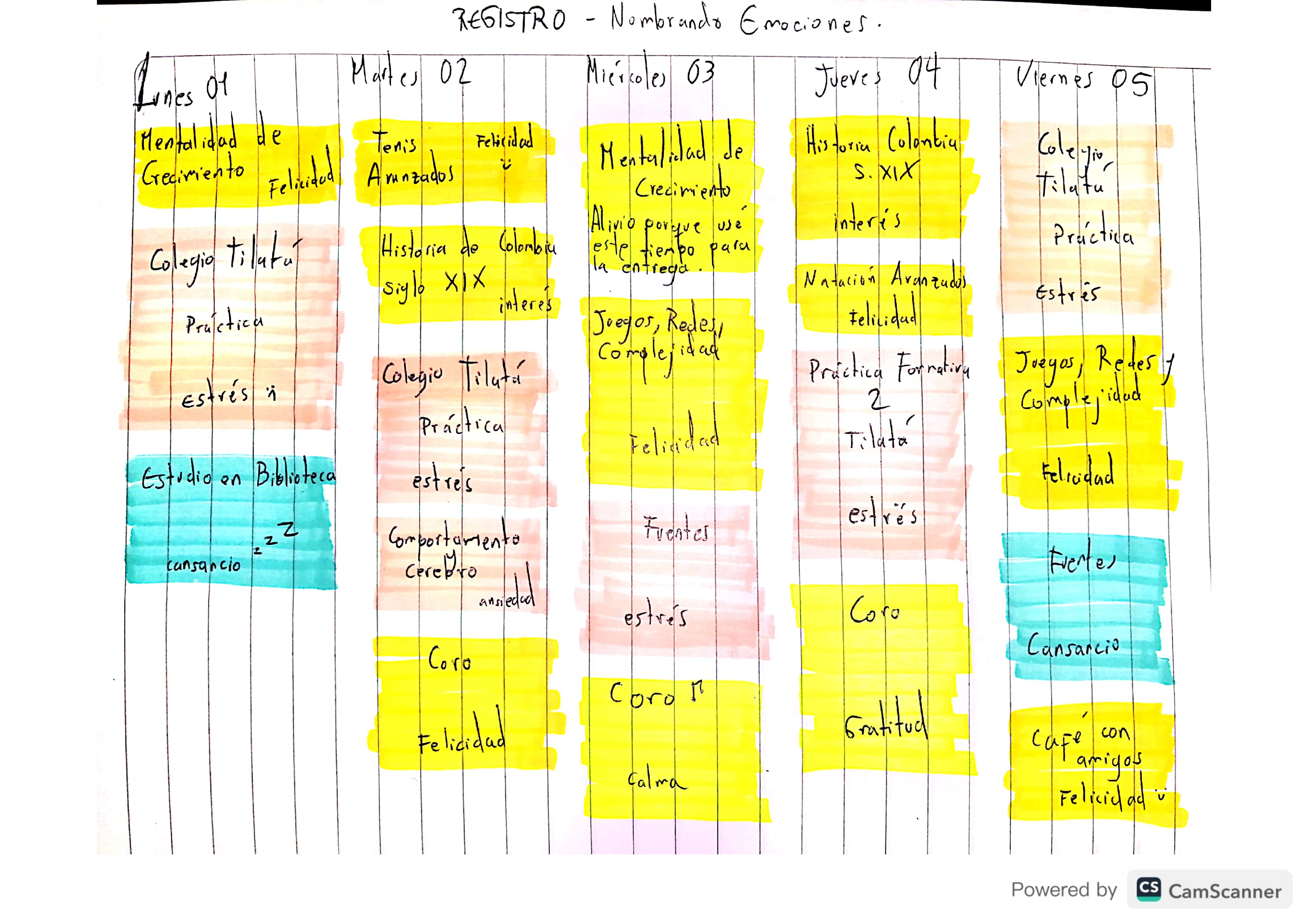 Semanario de emociones dibujado a mano: 5 columnas L–V con bloques de color RULER